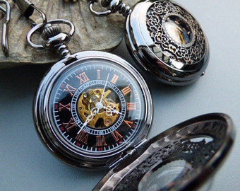 Premium Black Pocket Watch, 15" Watch Chain, Engraved Watch, Groomsmen Gift, Mens Watch, Watch - Item MPW90