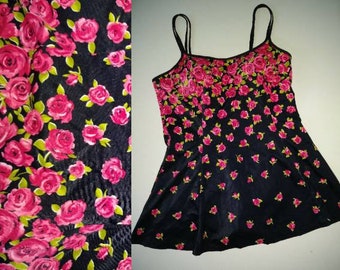 Vintage Skirted Swimsuit Size 16 - 1X - One Piece Swim Suit with Pink Roses on Black by It Figures - Bra Built In - Retro Floral Plus Size