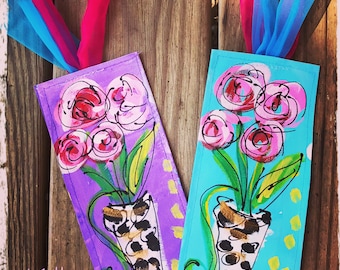 One Flower in Vase Hand Painted Canvas Bookmark Made to Order YelliKelli
