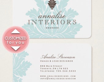 Pretty Blue Damask Business Cards (Fully Customized for you) No headaches - Digital File Only
