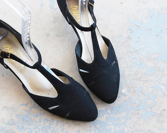 vintage 80s T Strap Heels - 1980s Black Suede Leather Shoes Mary janes Sz 9 40