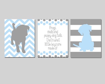 Baby Boy Nursery Art Trio - Set of Three 11x14 Prints - Chevron Stripe Puppy Dogs, Polka Dot Quote - Frogs Snails and Puppy Dog Tails
