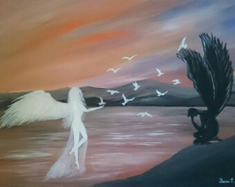 Original fantasy acrylic painting "A touch of light" signed, on 50x70 cm canvas.