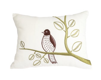 Bird Lumbar Pillow Cover, Bird Throw Pillow, Cream Linen Bird on branch, Embroidered cushion, Couch Pillow, Modern Bird Pillow Case