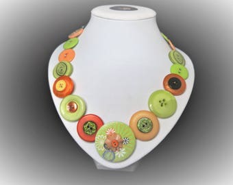 Button necklace - Citrus Twist. Gift for her, boho necklace, statement necklace, unique gift, buttons, handmade jewelry, button jewelry OOAK