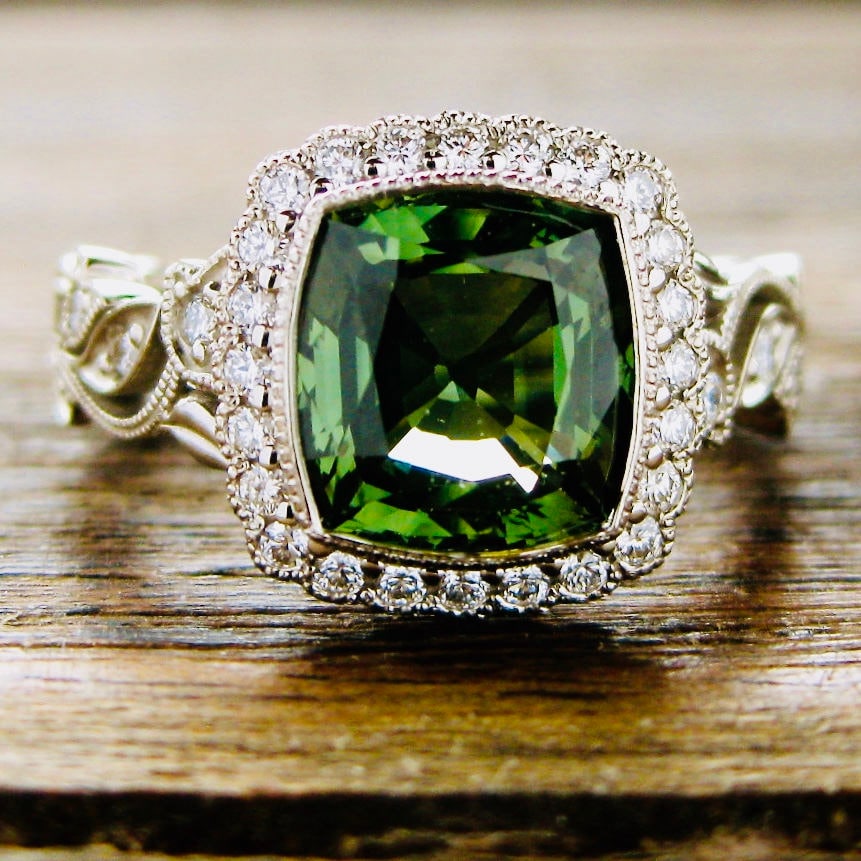 Large Green Sapphire Engagement Ring in 14K White Gold with