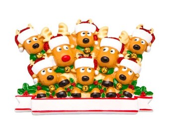 Reindeer with Bells Family of 8 - Personalized Christmas Ornament - Reindeer Ornament - Reindeer Family Ornament - Reindeer Bells