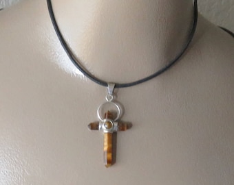Vintage Sterling Tiger Eye Cross Pendant.