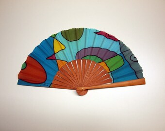 Handpainted Silk hand fan- Wedding hand fan-Abanico- Giveaways-Bridesmaids- Spanish hand fan-Blue-Purple-Green 14x7.5 inches (35 cm x 19 cm)