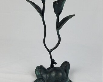 Vintage cast iron frog two candle holder home decor