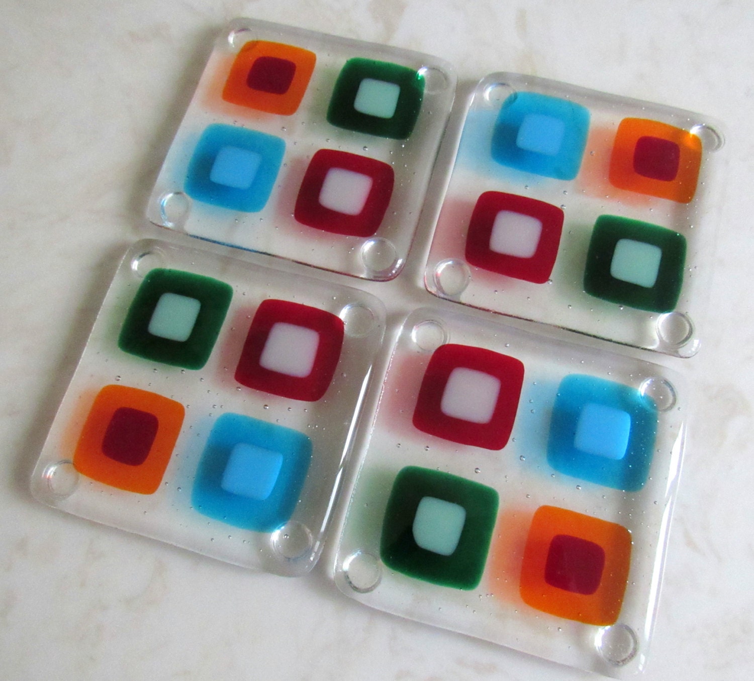 Fused Glass Coasters Colorful Double Squares in Turquoise