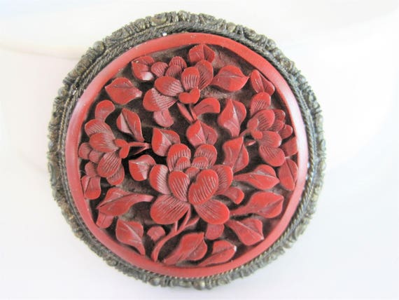 Cinnabar Dress Clip, Signed China Silver, Deeply Carved Pendant Clip