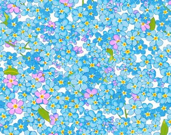 Forget-Me-Not, Flower Fabric, Blue Flowers, Purple Flower Fabric, Cotton Fabric By The Yard, Clothworks, Fuchsia Flowers, Apron, Pillowcase