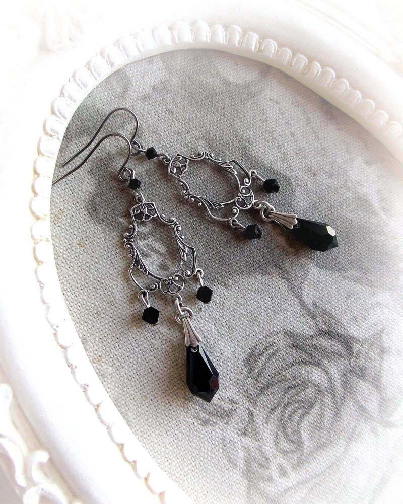 Black Swarovski Crystal Chandelier Earrings Victorian Gothic Zoom