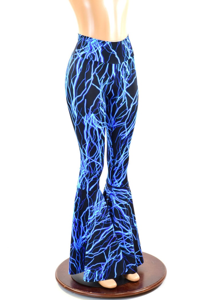 Neon Blue Lightning Print Uv Glow Bell Bottom Flares Leggings 3974