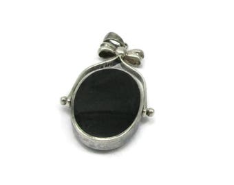 Silver 925 Mexico Sterling Silver Pendant Black White Mother of Pearl Reversible Interchangeable Vintage Jewelry Designer Signed Gift Ideas
