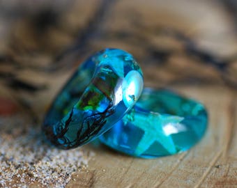 Ocean Ring, Blue Mermaid Ring, Summer Sea Ring, Starfish Ring, Nacre Ring, Blue Statement Resin Ring, Mermaid Gift Jewelry, Bohemian Ring