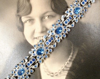 Vintage 1930s Sapphire Bracelet,Paste Rhinestone Silver Link Art Deco Something Blue Old Bridal Bracelet,Antique Navy Gatsby Flapper Jewelry