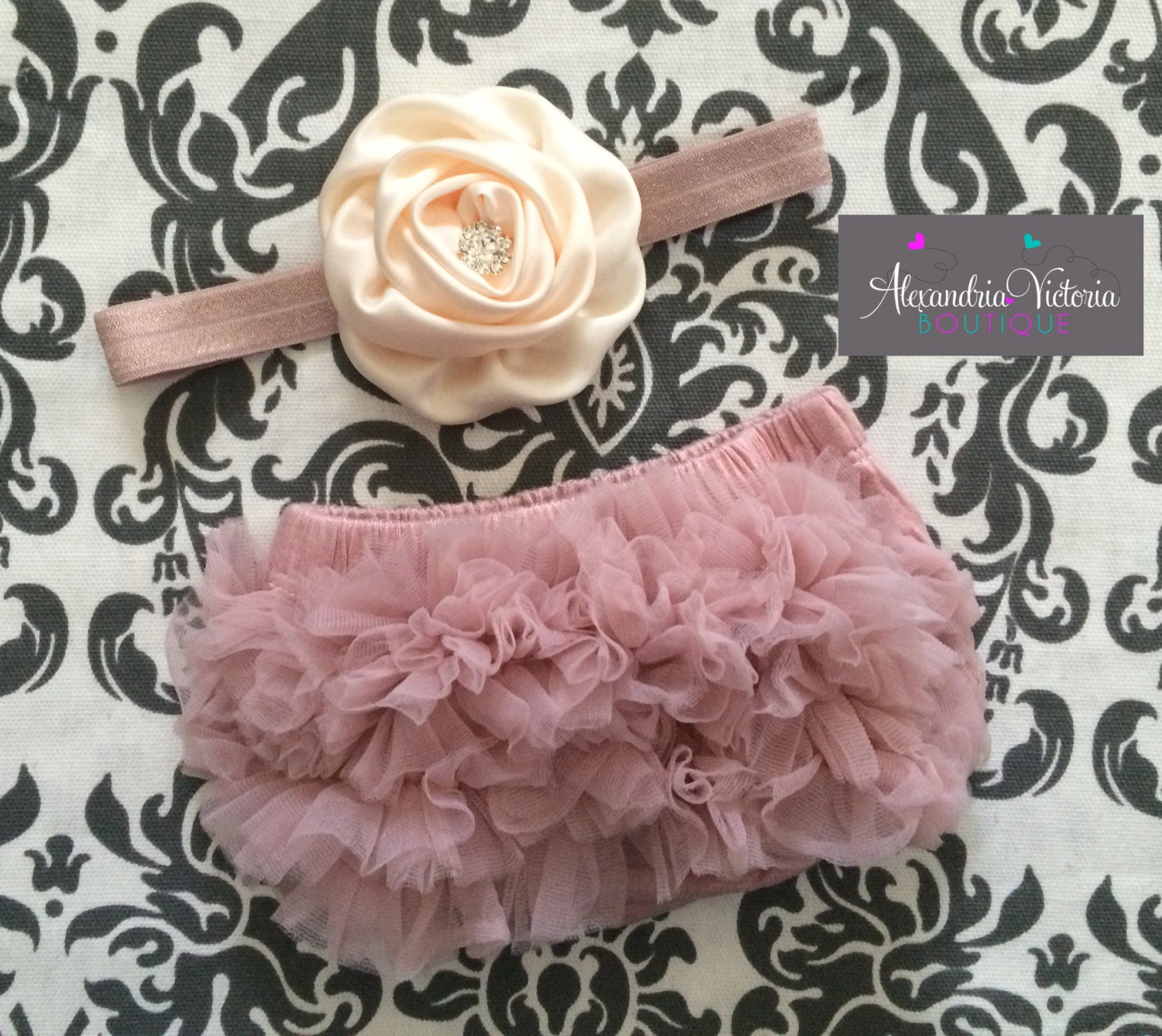 VINTAGE PINK BLOOMER set baby headband and chiffon ruffle