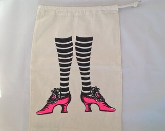 Shoe bag, hand screen printed cotton drawstring bag with neon pink shoes and stripy tights!