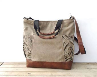 Waxed canvas bag zipper, large crossbody purse with external pockets, vegan leather beige bag, canvas tote bag, hobo bag, small travel bag