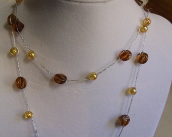 32" Vintage Rootbeer and Gold Crocheted Necklace, necklace, vintage, rootbear, gold, crocheted, reduced