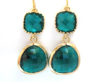 Green Earrings, Emerald Earrings, Glass Earrings, Gold Green, Wedding, Bridesmaid Earrings, Bridal Earrings Jewelry, Bridesmaid Gifts