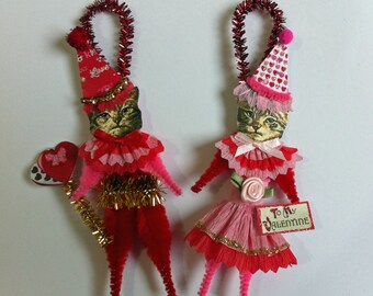 Cat VALENTINE ornament Valentine KITTY CAT ornament vintage style chenille ornaments set of 2