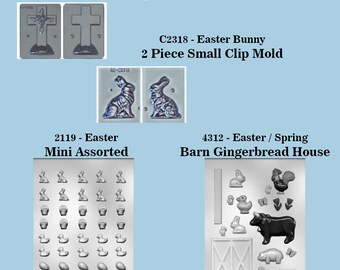 Easter Holiday Molds - 3D Clip Molds - Bunny, Cross, Assorted Mini, Gingerbread House - Plastic for crafts, chocolate, sugar craft, etc.