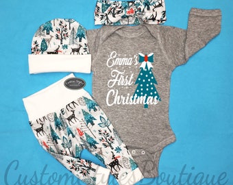 Baby Girls First Christmas Outfit, Coming Home Outfit, Grey Bodysuit, Winter Snow Woodland Leggings, Hat & Headband, Baby Girl, Personalized