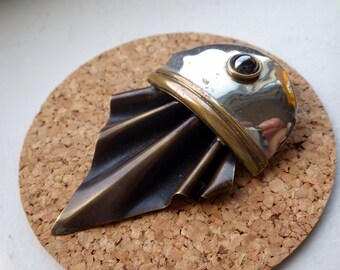 Bold 1980s Style Silver/Brass/Hemetite Brooch/Pin
