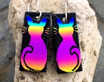 Rainbow Cats Earrings Hand Etched Dichroic Fused Glass with Sterling Silver Hooks