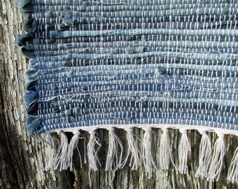 Bunkhouse Blues- 43"x27" Denim Rag Runner Rug-woven rug-blue jeans rug-woven jean rug-blue jean rag rug- upcycled rug-recycled rug-jean rug