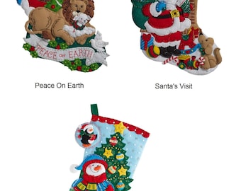 Bucilla Felt Applique Stocking Kit - Peace On Earth (86665), Santa's Visit (86702), Trimming The Tree (86659)
