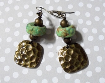 Mint Green and Brass Rustic Ethnic Boho Earrings (3883)