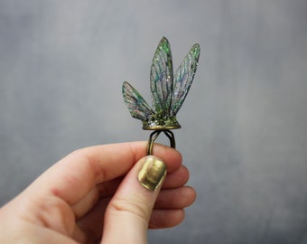 Delicate Forest Green Sprite Wings - Gossamer Fairy Wing/Butterfly Cicada Ring