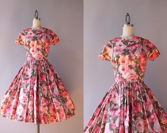 1950s Dress / Vintage 50s Dress / 1950s Pink Floral Party Dress XS