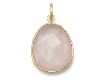 Faceted Rose Quartz Pendant 14 Karat Gold Plated 925 Sterling Silver Free Form Shape