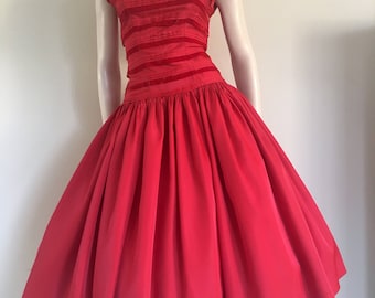 50% OFF SALE Gorgeous Vintage 50s Red Drop Waist Gown / Full Skirt / Small / Wedding