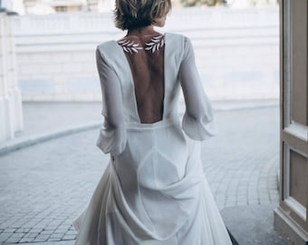 Ivory Crepe Open Back Wedding Dress and Handmade Embellishments, Long Sleeve Wedding Dress with Train L18, Beach Wedding Dress, Bridal