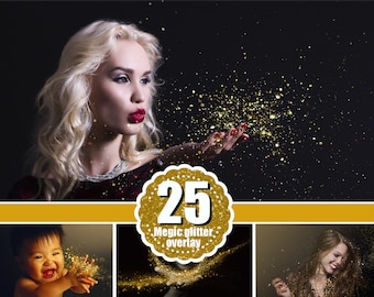 25 Gold blowing glitter Photoshop Overlays, shine dust sparkles confetti magic pixie overlay, photo effect, Photo Overlay, png