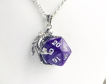 D20 Dungeons and Dragons Inspired D20 Dice Dragon Claw Pendant Necklace Purple Polyhedral Gaming Nerd Lover Gift Dungeon Master Gamer Gift