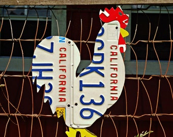 Upcycled Vintage California License Plate Chicken Rooster Hen Wall/Coop Art
