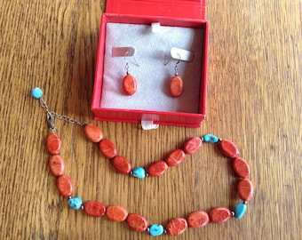 Red Turquoise Necklace Earrings Set