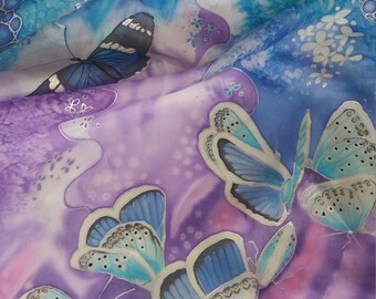 Long Silk scarf unique handmade Deep purple blue-purple butterflies Gift for birthday,Mothersday,Graduation gift