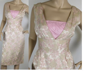 Vintage 1950s pink gold brocade wiggle party dress small 346