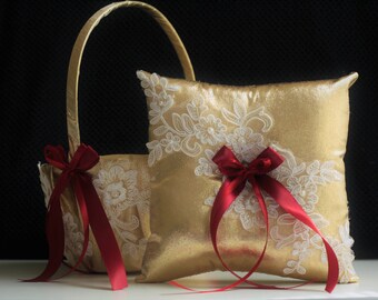 Gold Wedding Baskets, Burgundy Ring Bearer, Gold Flower Girl Basket, Burgundy Wedding Basket pillows Set, Lace Gold Bearer, Gold Ring Pillow