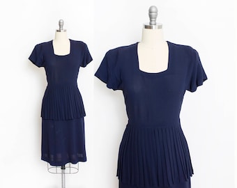 Vintage 1940s Dress - Navy Blue Rayon Pleated Skirt Day Dress - Small