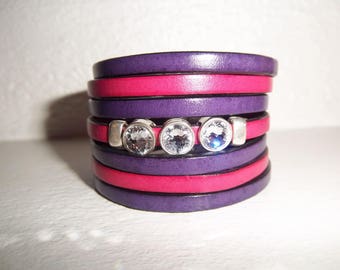 BRACELET LEATHER 7 ROW COLOR FUSCHIA AND PURPLE