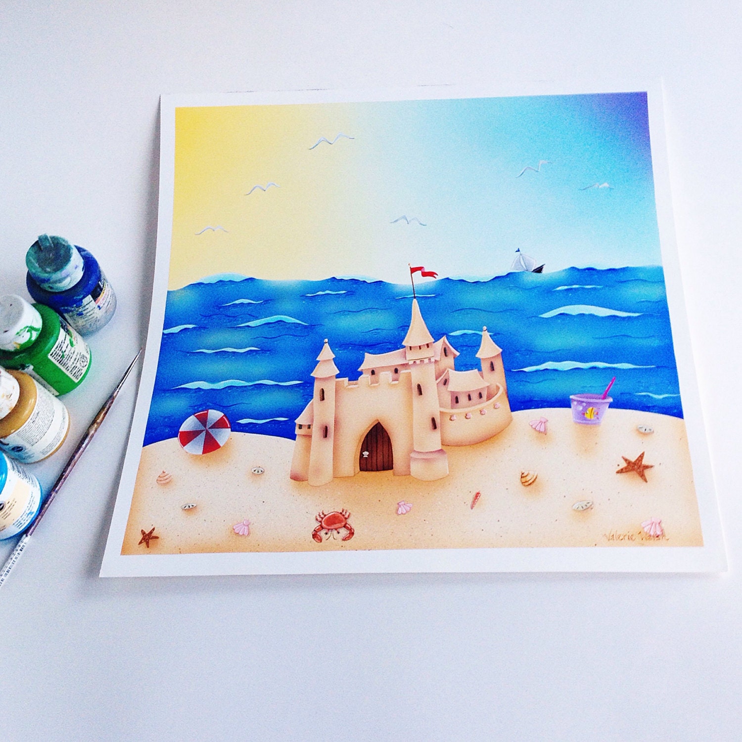 BEACH HOUSE Framed Art Print Sand Castle Acrylic Painting Beach